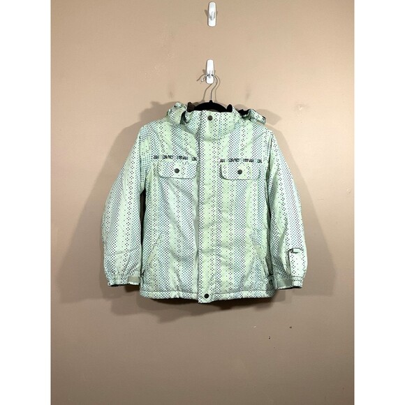 Burton Girls Striped Star Print Hooded Snowboard Ski Jacket L Green Fleece Lined - Picture 1 of 15